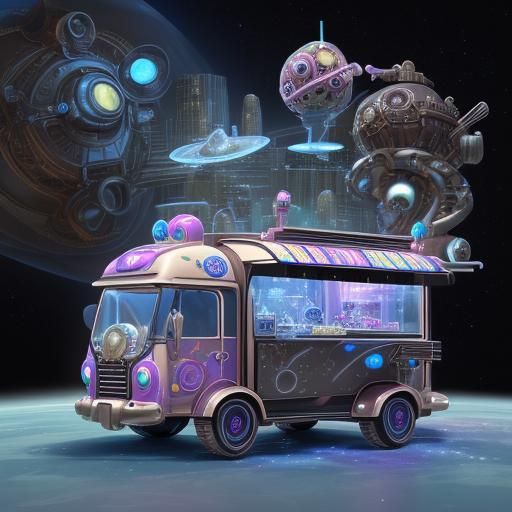 Futuristic Ice Cream Truck in Digital City, Steampunk Engine