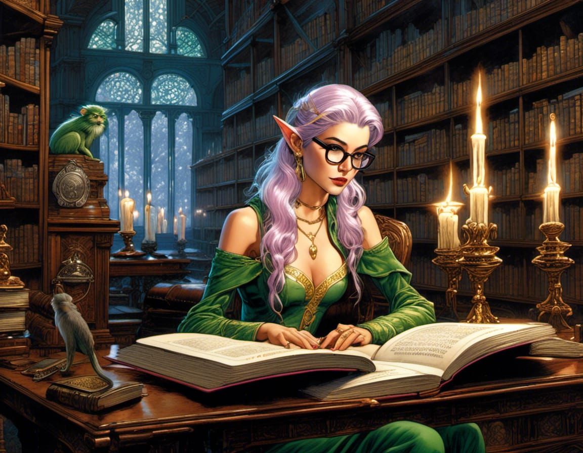 Sparkling Elf Researching in Old Library