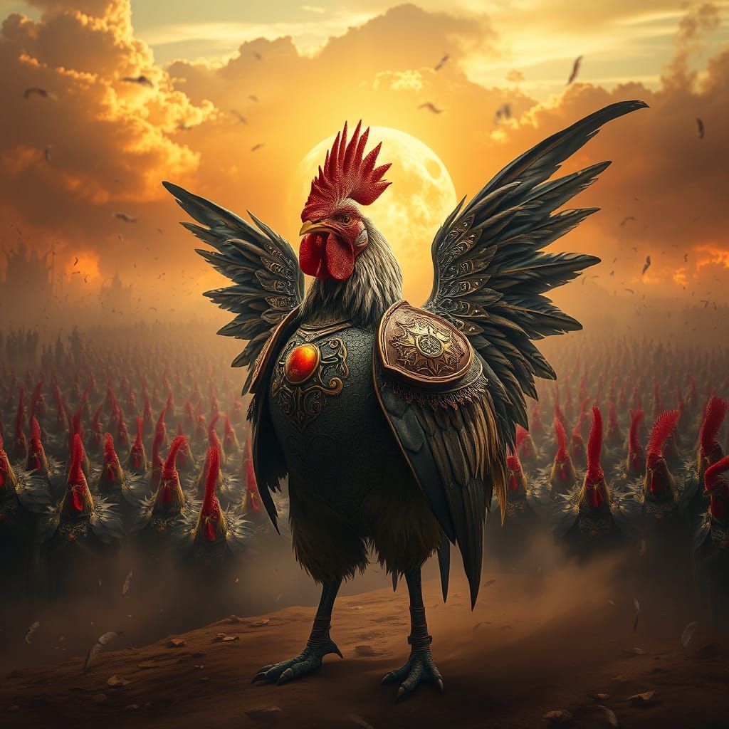 Epic Armored Rooster Leads Brave Warriors into Battle