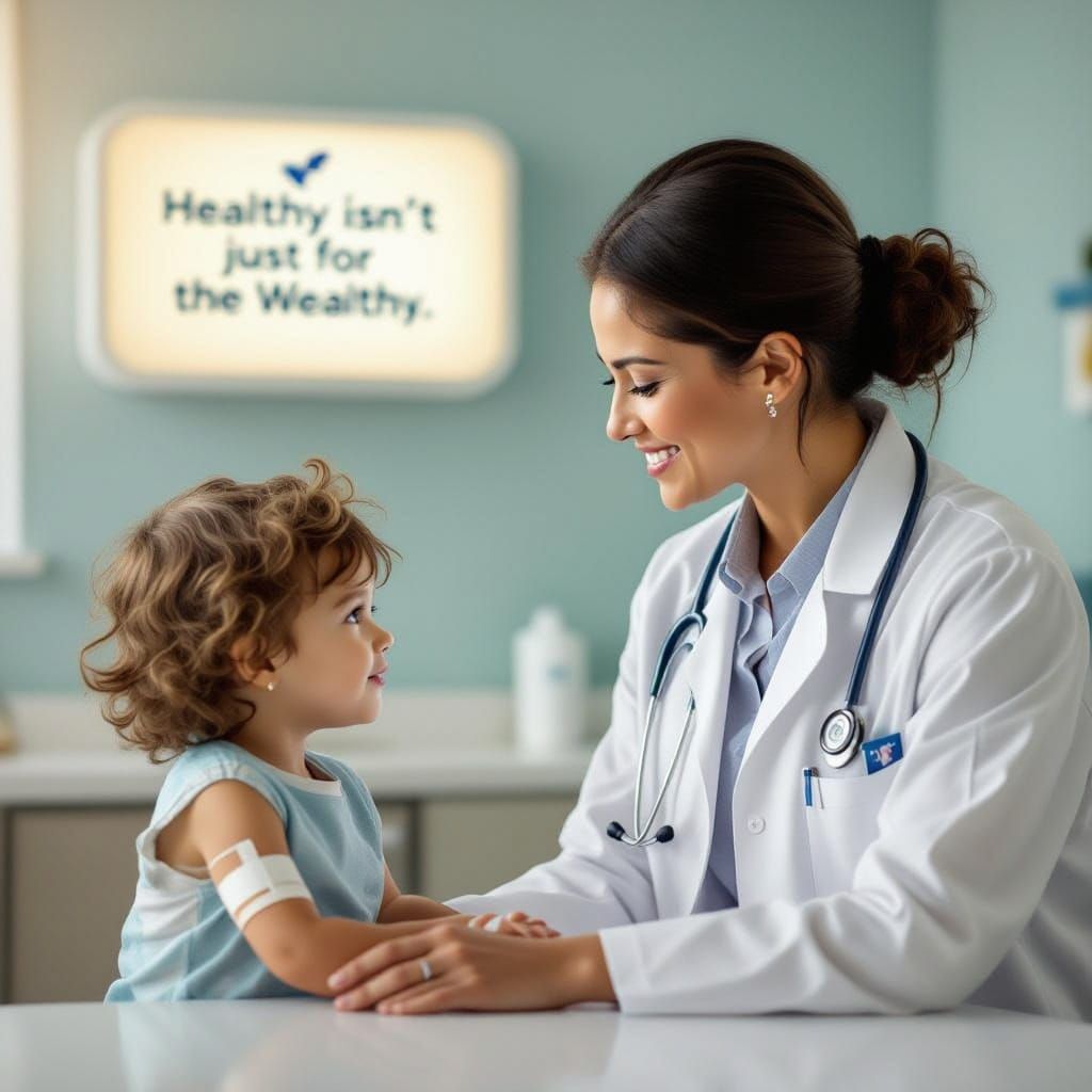 Doctor Comforts Child in Clinic, Health for All