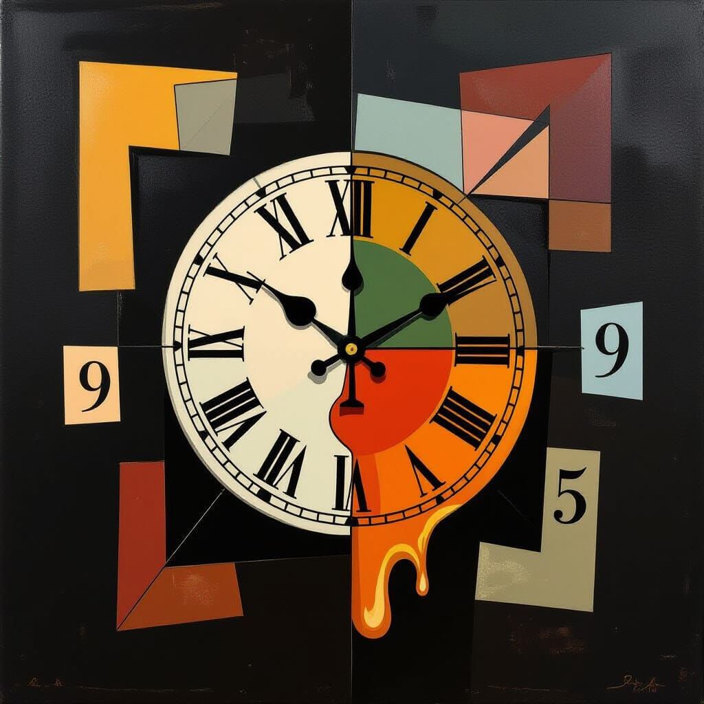 Melting Clock in Void with Geometric Shapes, Cubist Style