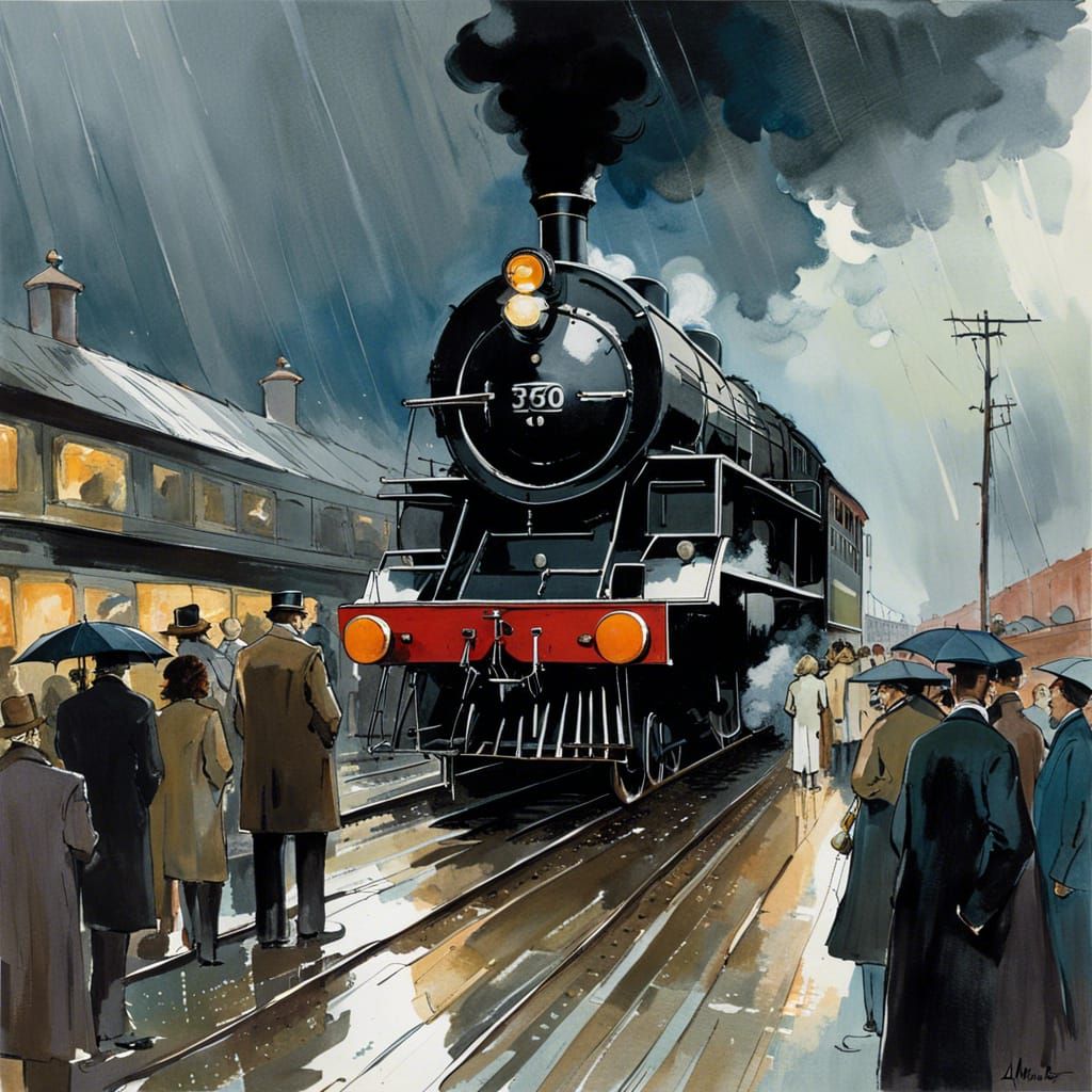 Vintage Steam Train Arrival in Watercolour Style