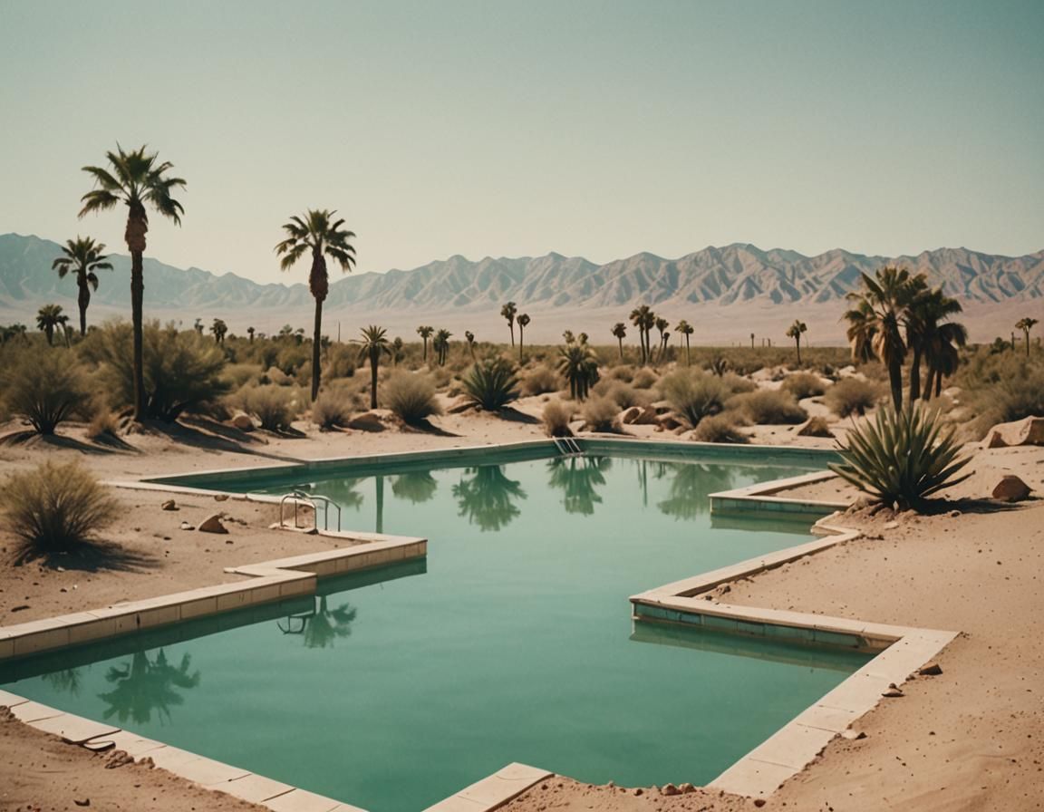 Vaporwave Pool in Desert: Cinematic Still