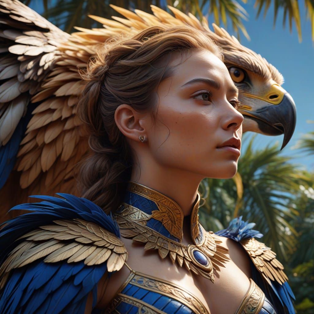 Majestic, Lioness-Eagle Woman in Palm Tree Forest