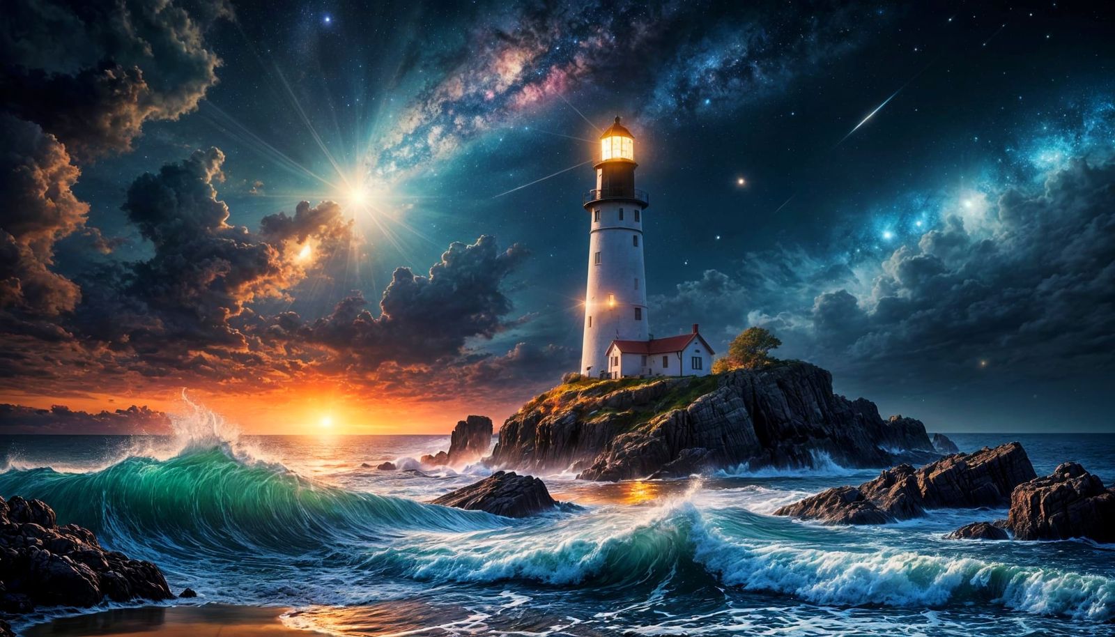 Lighthouse at Night Under a Glittering Sky