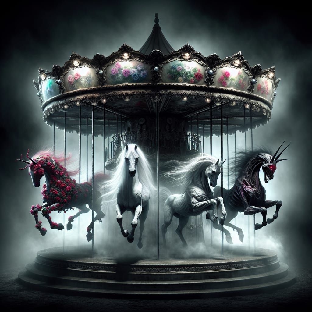 Eerie Carousel of Spectral Horses in Midnight Fog