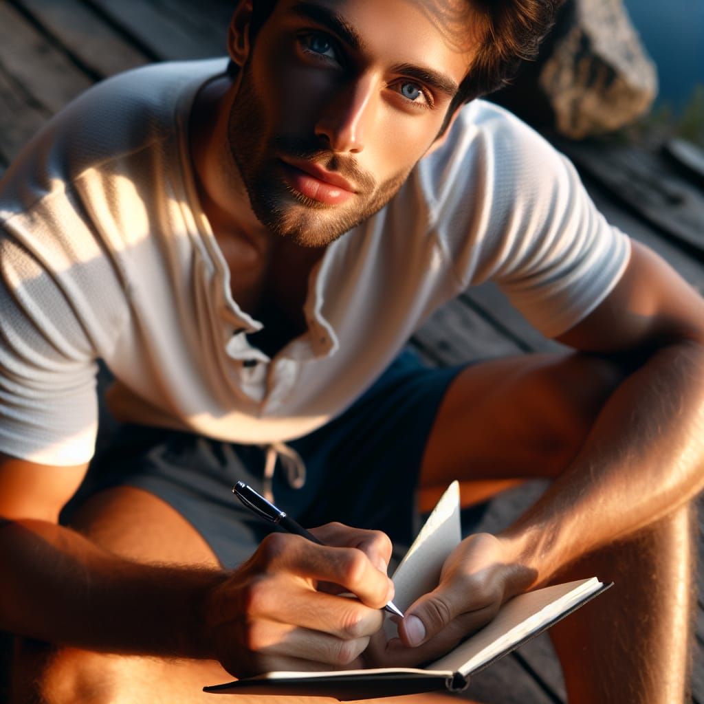 Attractive Man Journaling at Dawn with Blue Eyes