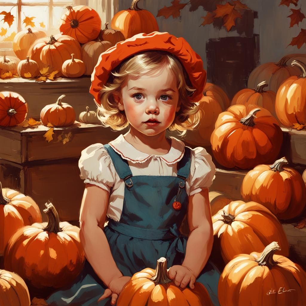 Charming Toddler Surrounded by Pumpkins: Pin-Up Style