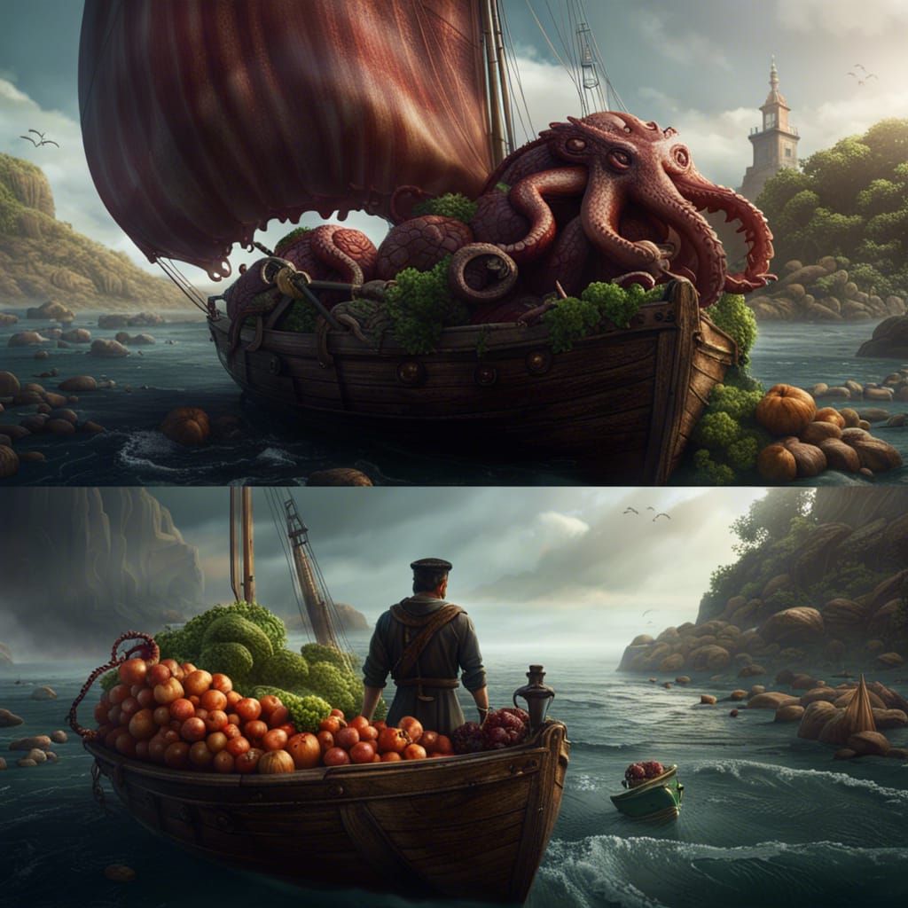 Boy Selling Vegetables Beside Kraken: Fantasy Art