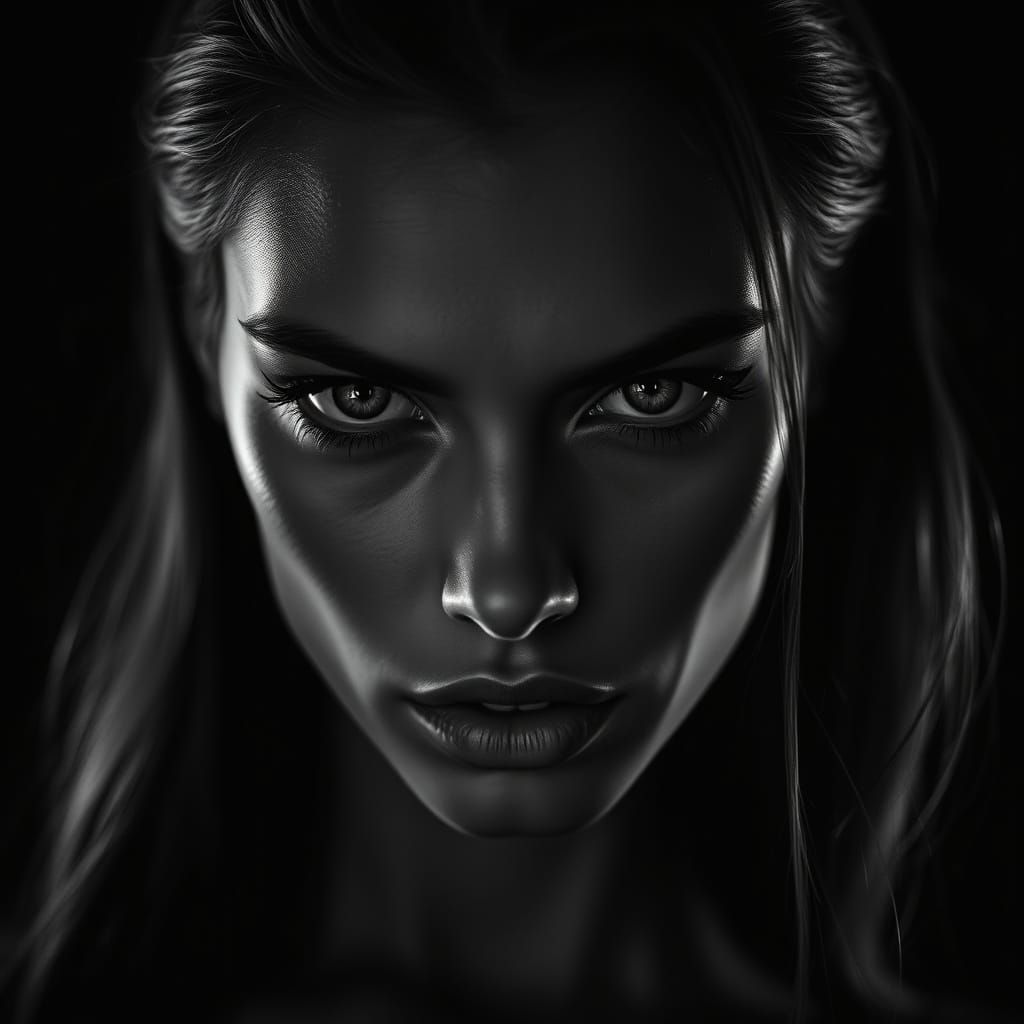 High-Fashion Supermodel in Moody Black and White Close-Up