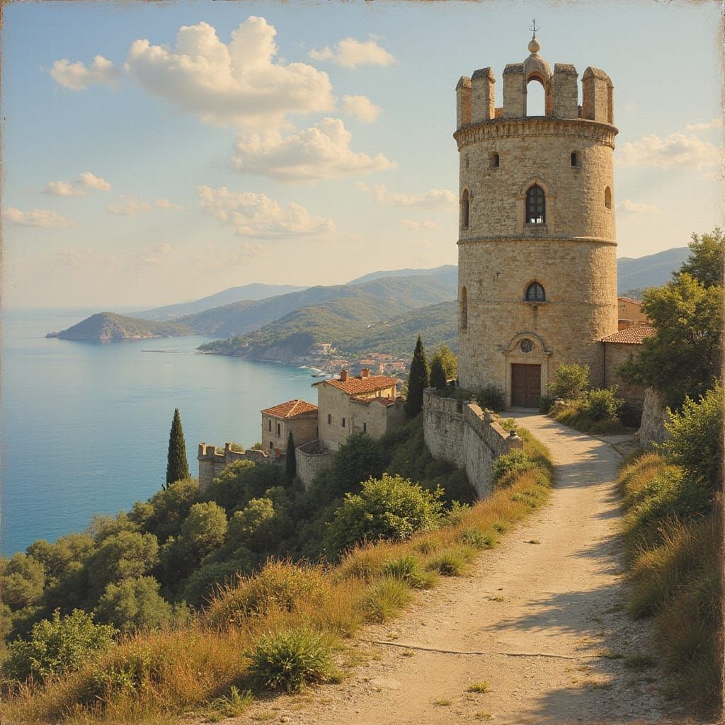 Mediterranean Coastline Stone Tower in Soft Colors