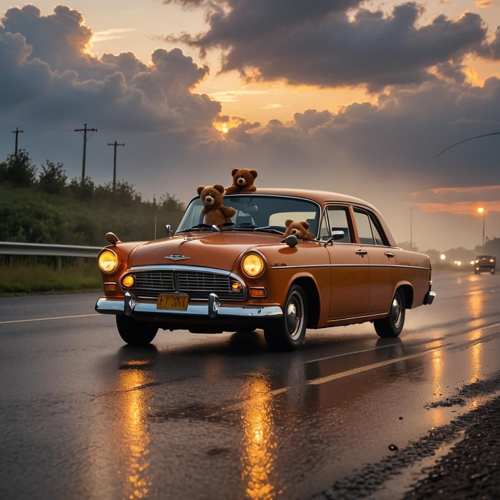Teddy Bears Dancing at Sunrise: Hyper-Realistic Car Scene