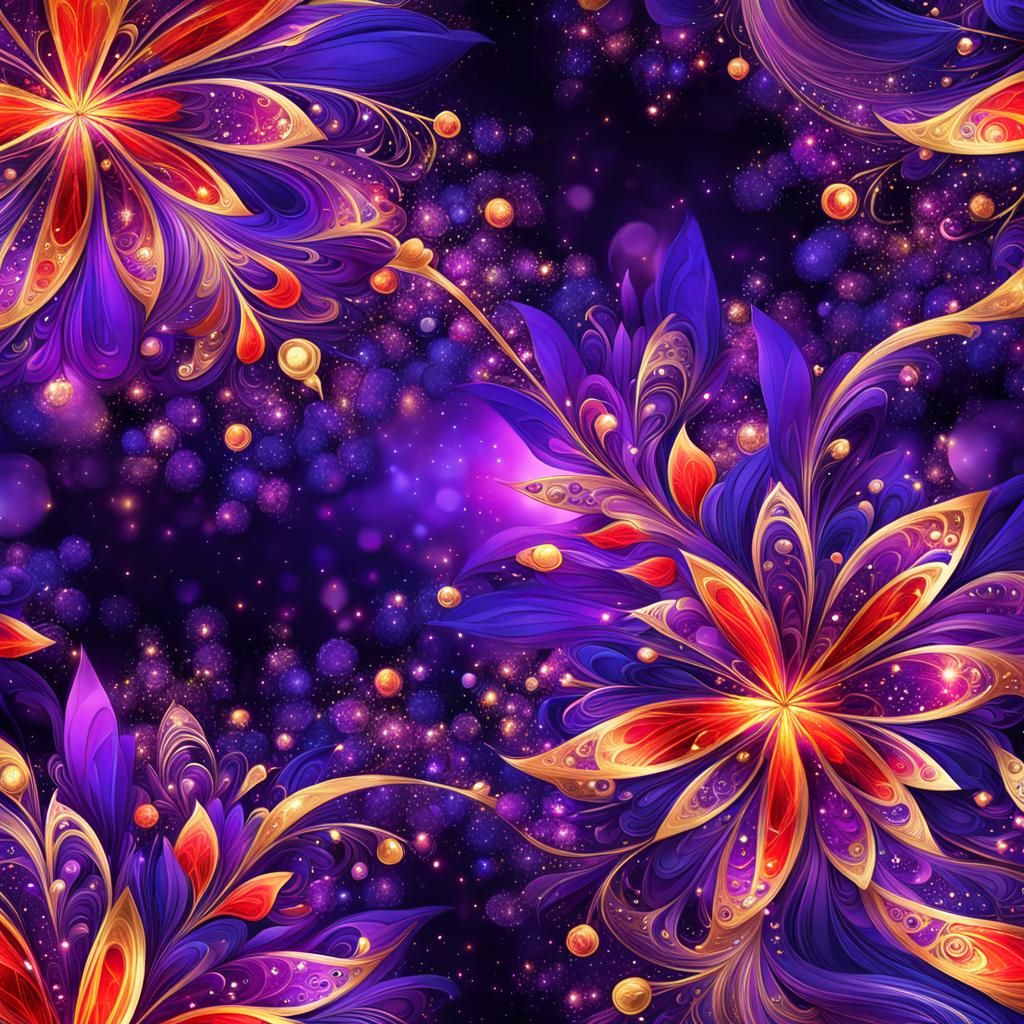 Dazzling Abstract Floral Design with Jewels and Fractal Ligh...