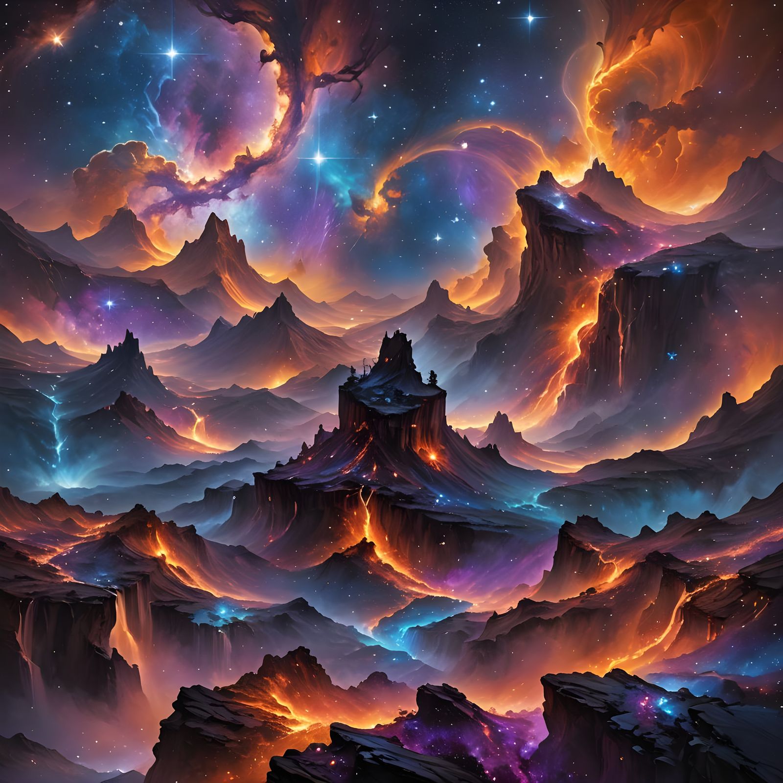 Cosmic Fantasy Landscape with Crystalline Mountain