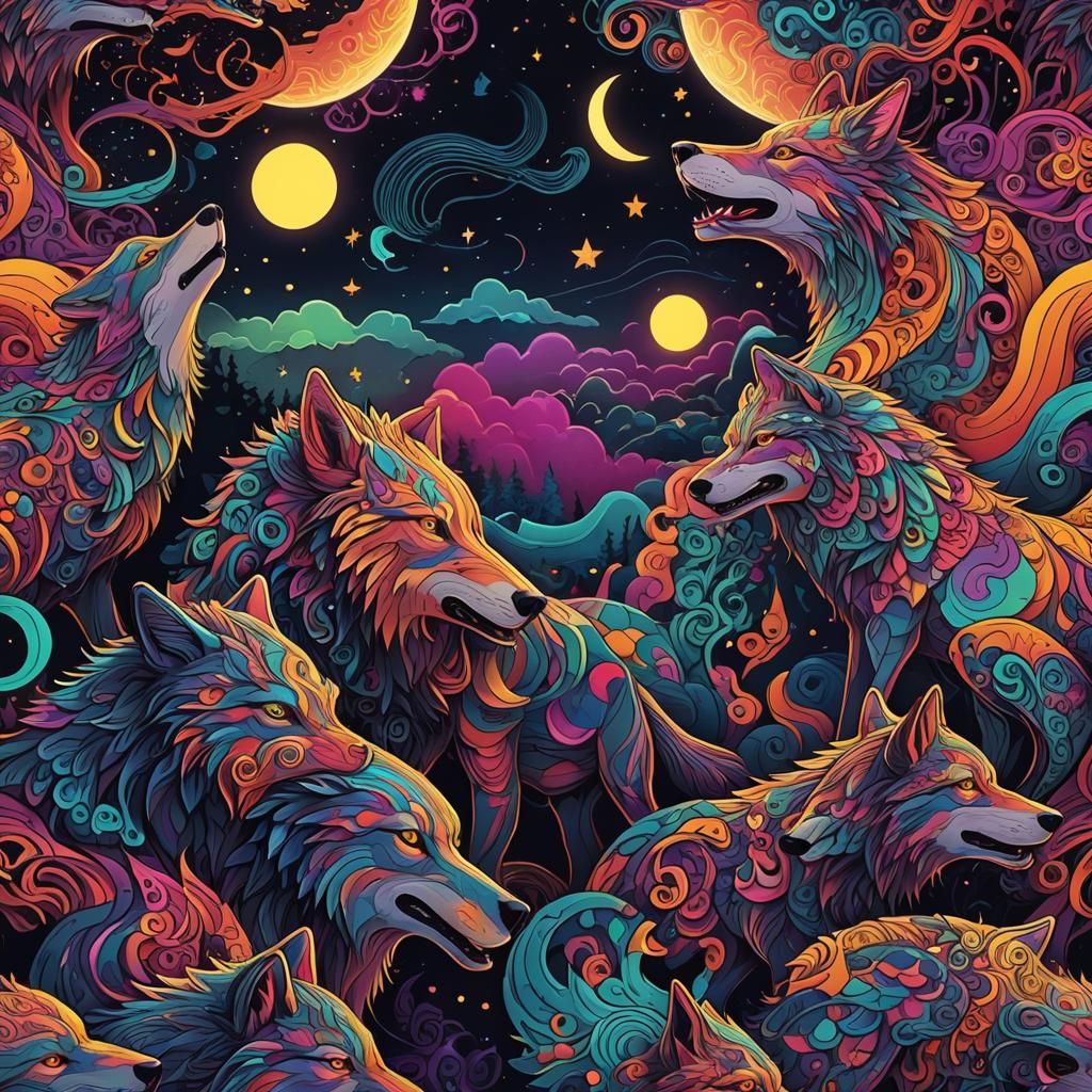 Neon Wolves Howling at Psychedelic Moon