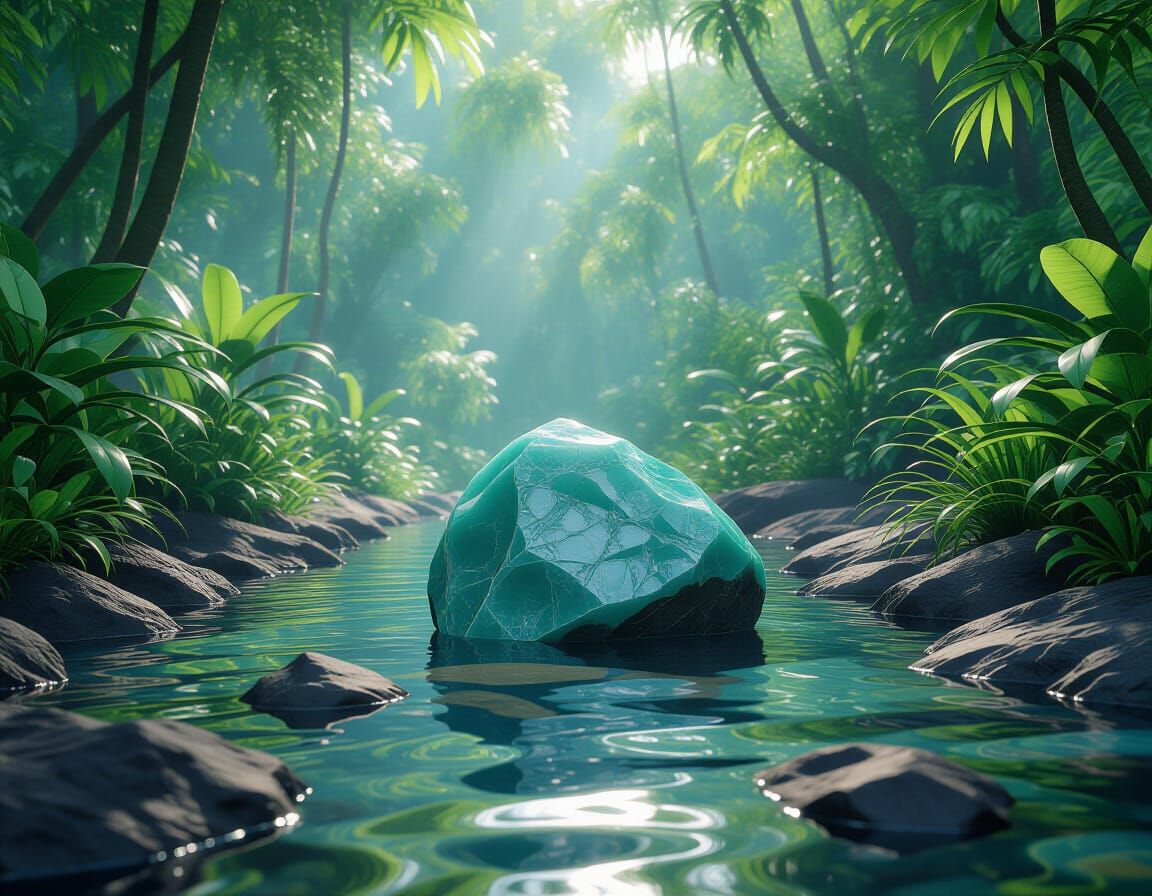 Amazonite Fragment in Lush Rainforest Riverbed