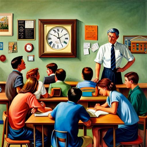 Classroom Clock Ticking Down to Summer, Rockwell Illustratio...