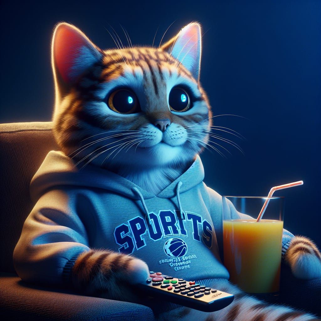 Anthropomorphic Cat Watches TV in Realistic Style