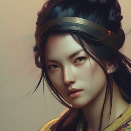 Hyperdetailed Samurai Woman Portrait in Triadic Colors