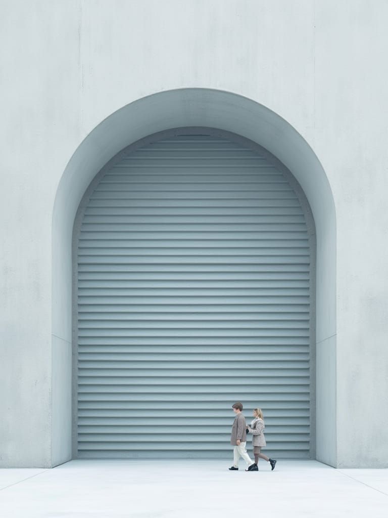 Minimalist Architecture with Concrete Arch and Figures