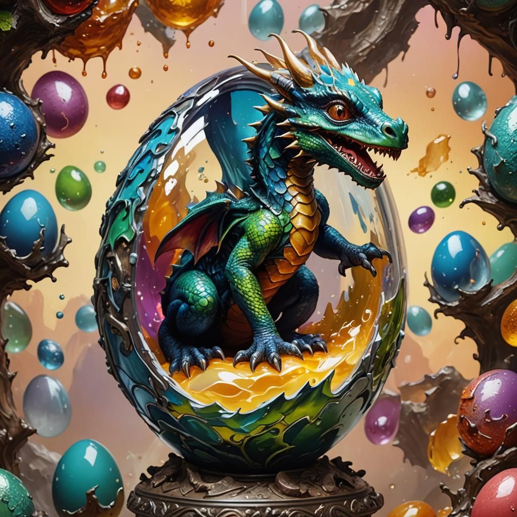 Baby dragon climbing out of it's egg in glass enamel