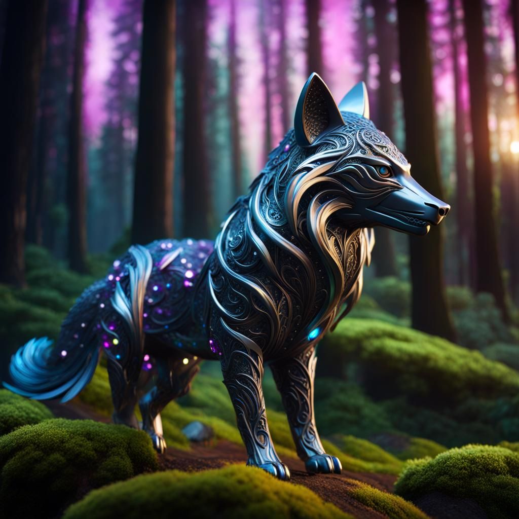Jeweled Metal Fox in Magical Forest: 3D Render