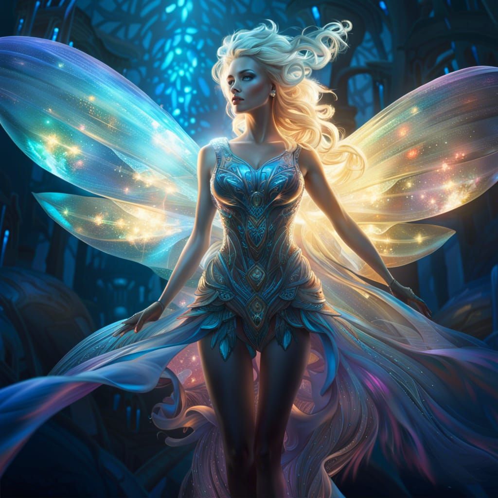 Glass Fairy Goddess in Bioluminescent Fractal World