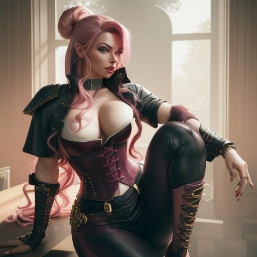 Pink Tiefling in Dark Red Leather: Digital Art