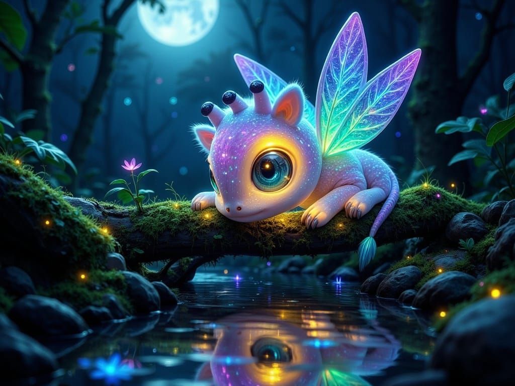 Giraffe in Dreamlike Moonlit Scene with Shimmering Fur and W...