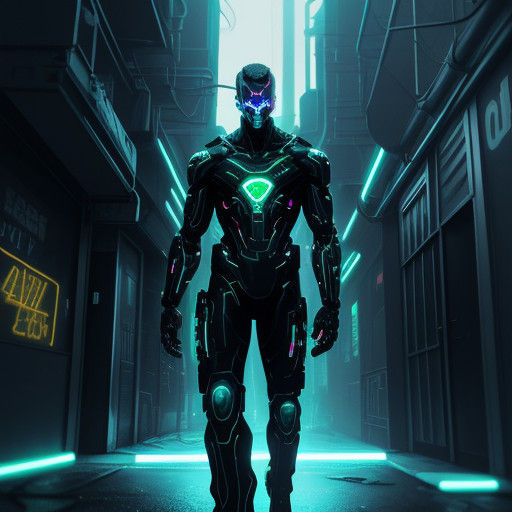Cyberpunk Figure in Neon- Lit Alleyway