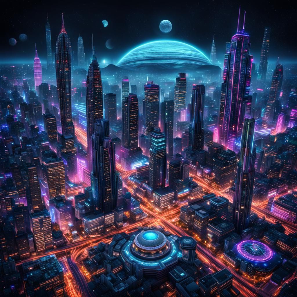 Extraterrestrial Capital City at Night in Neon Lights
