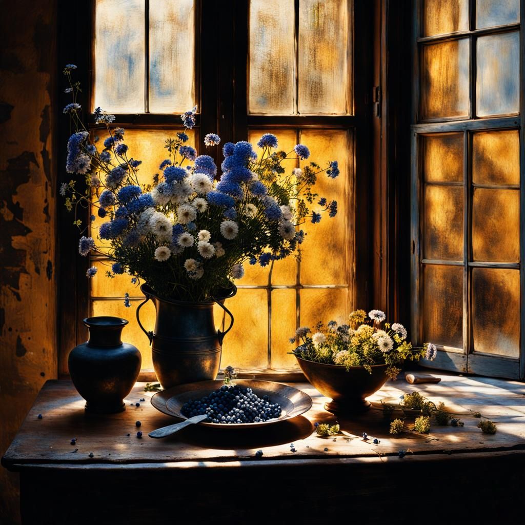 Golden Flowers by Window in Magical Realism Style