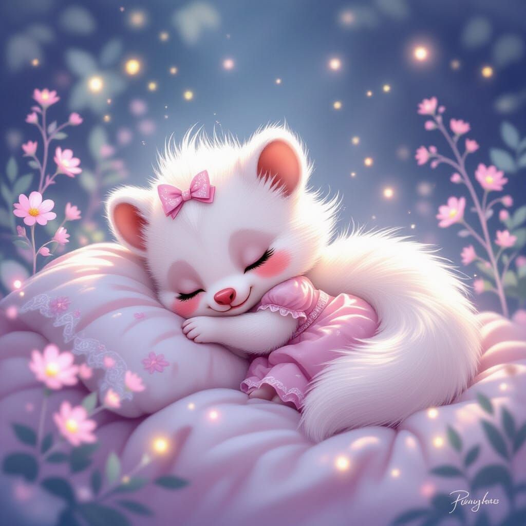Cute Baby Skunk Sleeping in Dream Mist