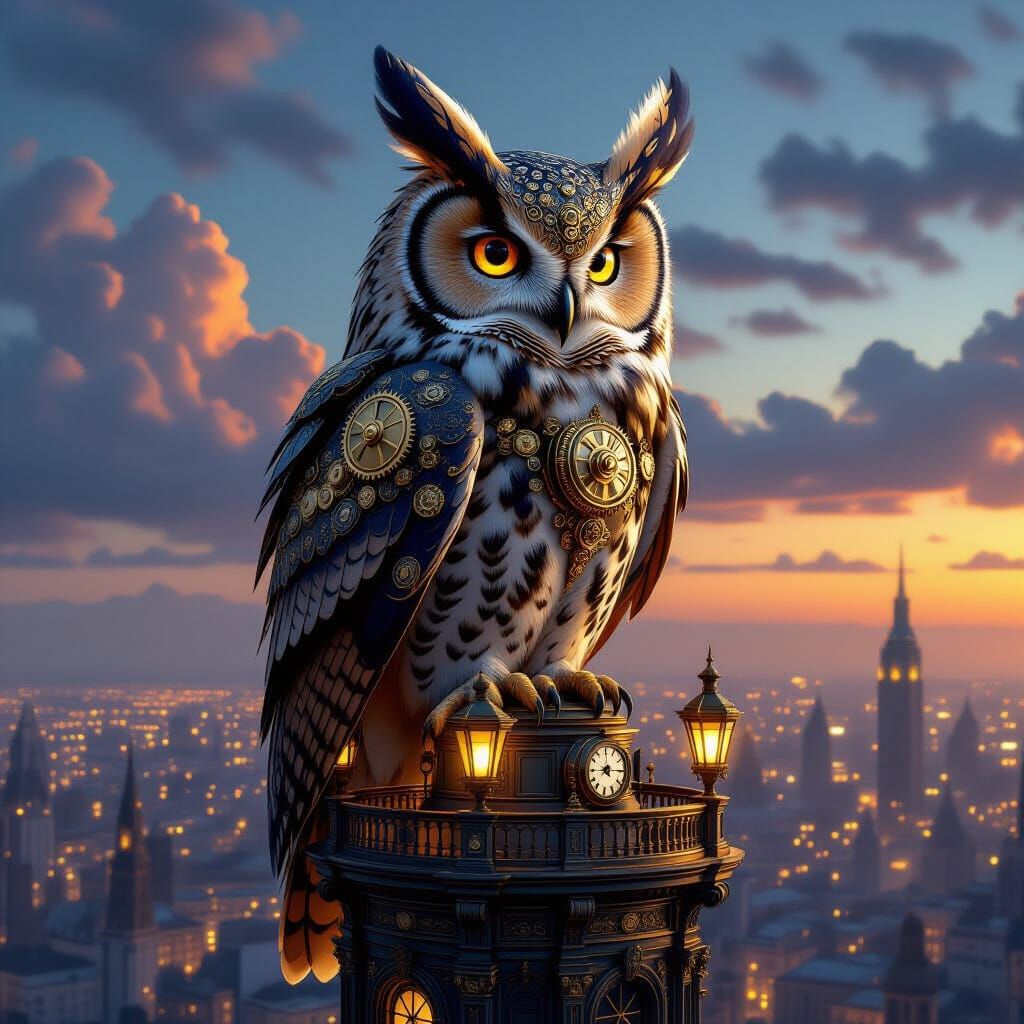 Steampunk Owl Perched on Victorian Observatory