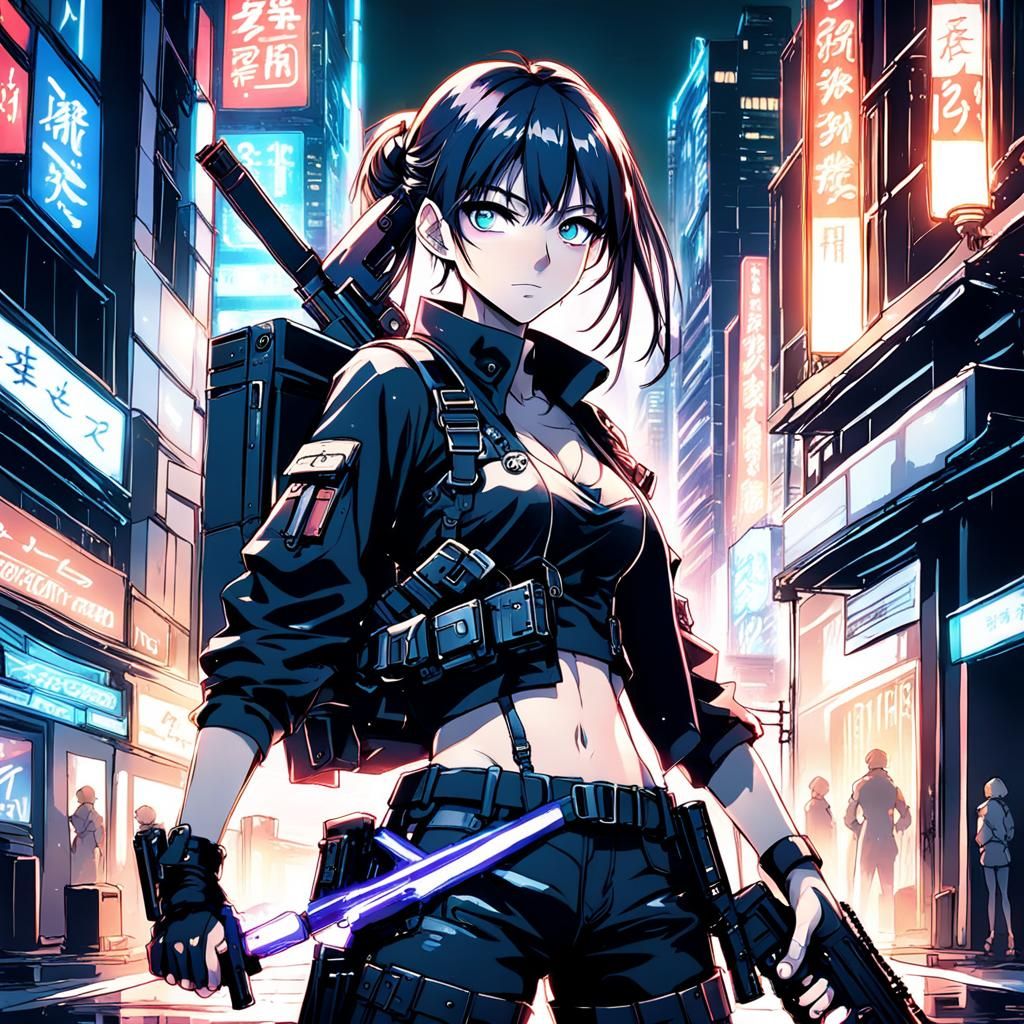 Anime Girl in Combat Stance in Neon City