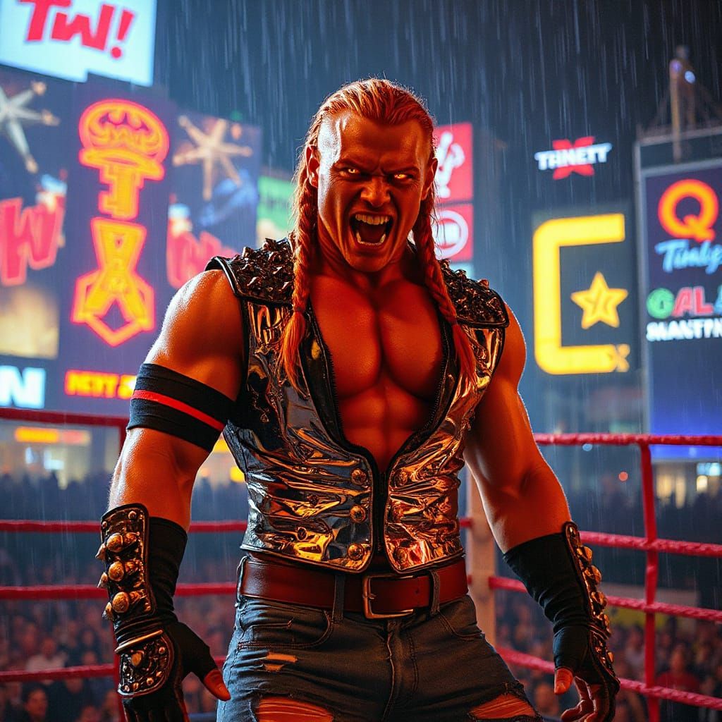 Cyberpunk Vampire Wrestler in Neon Cityscape
