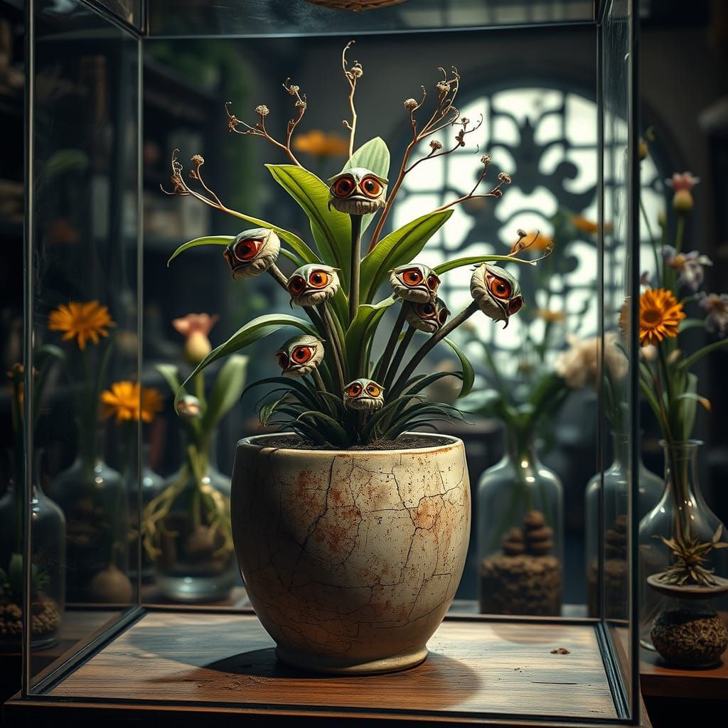 Hyperrealistic Flycatcher Plant in Ancient Chinese Apothecar...