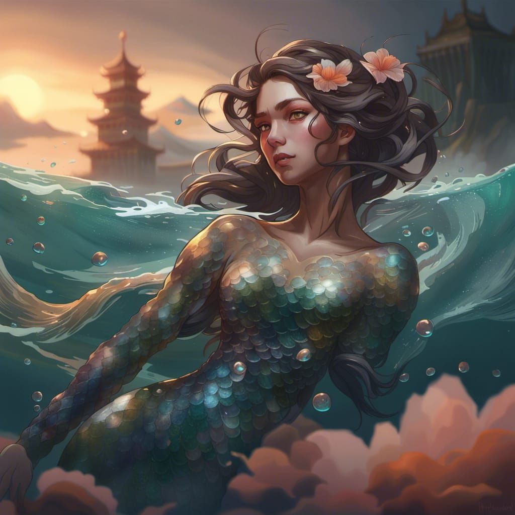 Detailed Portrait of Japanese Mermaid in Art Nouveau Style