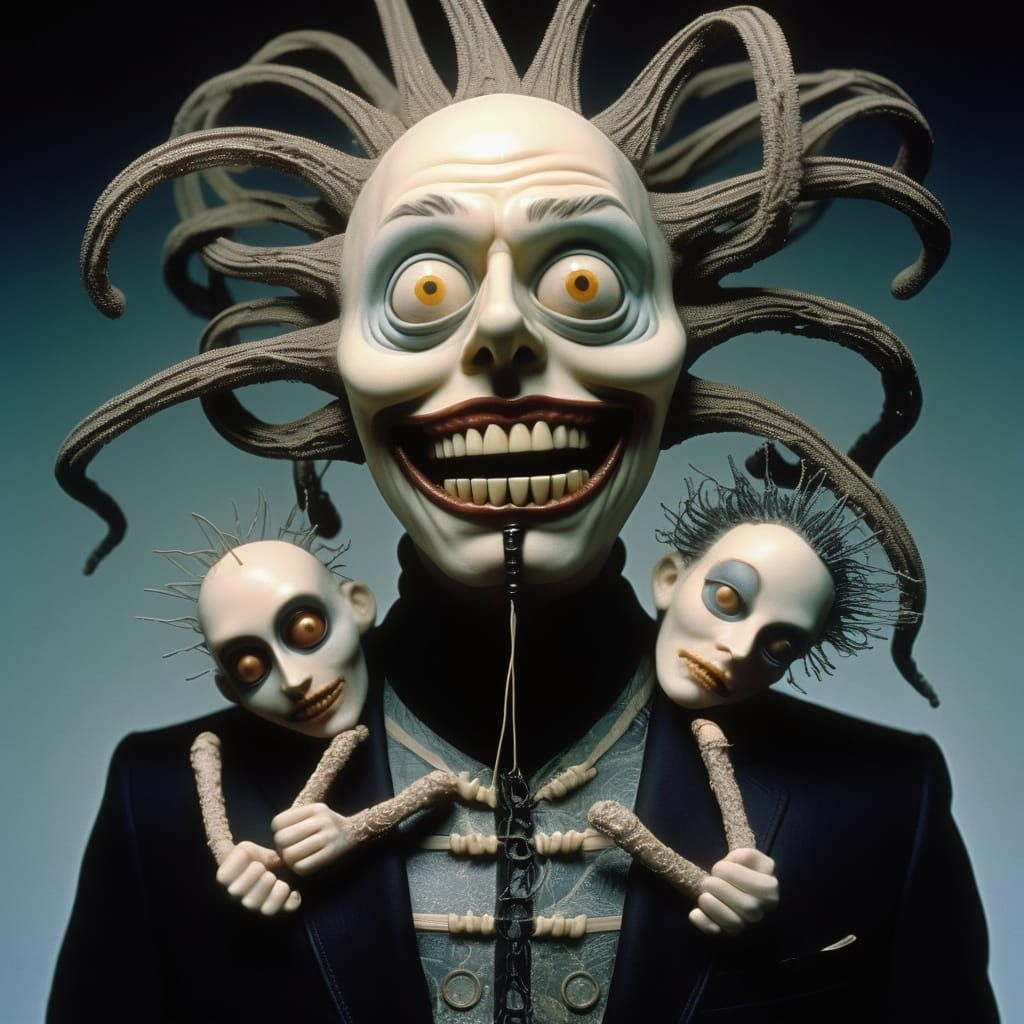 Grotesque Patchwork Harlequin in Surreal Cosmic Scene