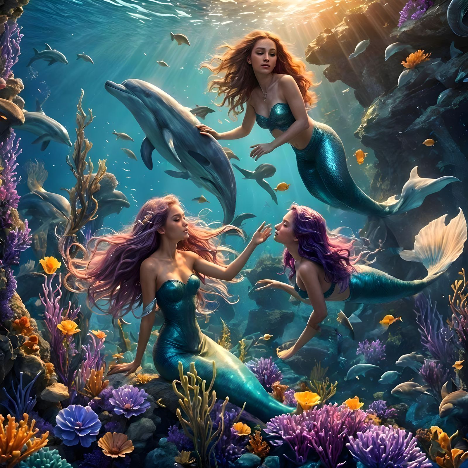 Mermaids and Dolphins in a Deep Sea Fantasy