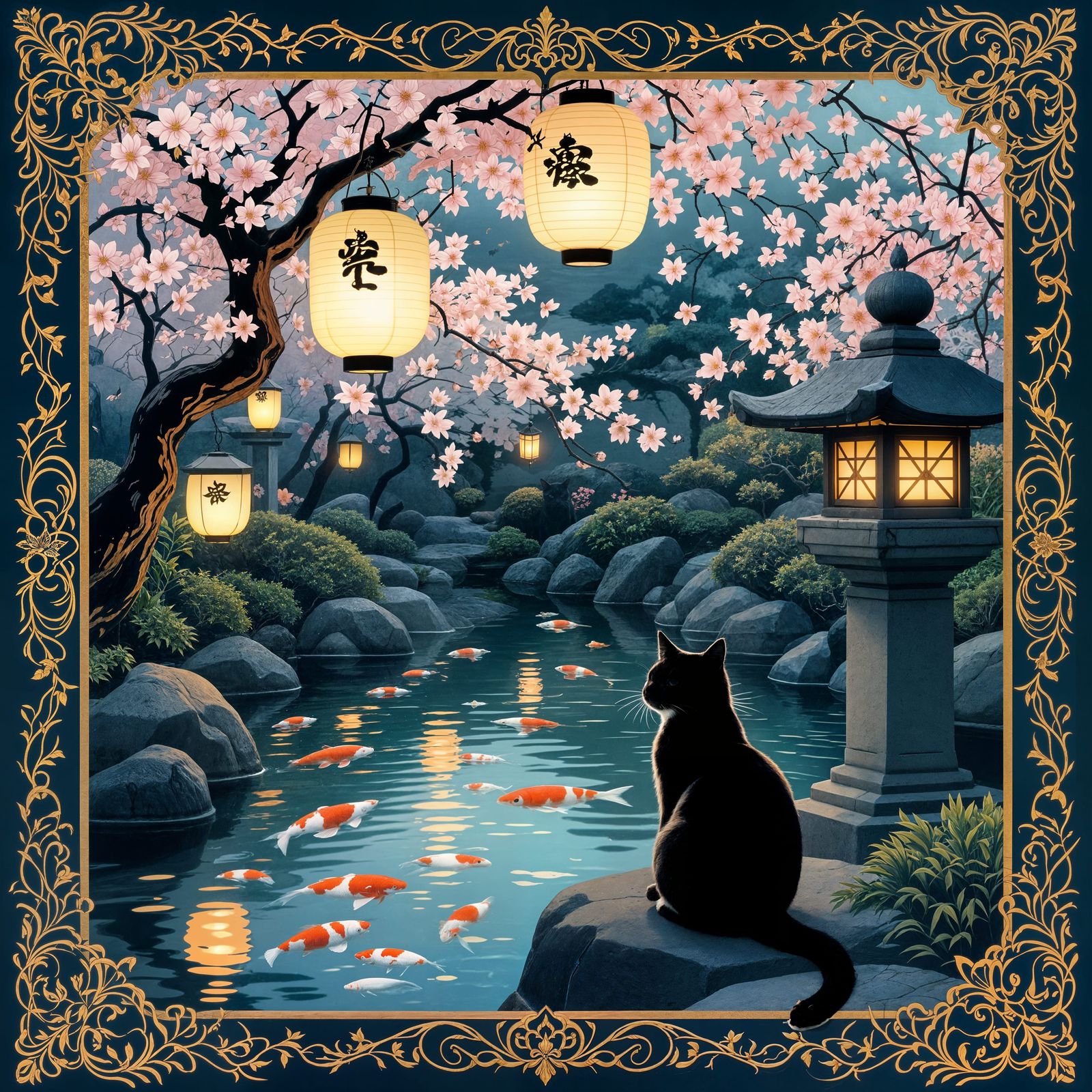 Twilight Japanese Garden with Black Cat in Art Nouveau Style