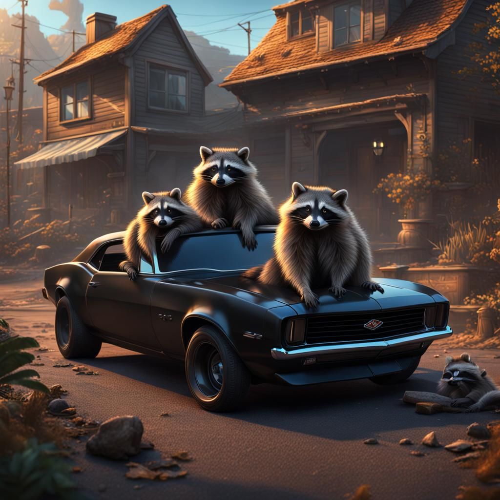 Raccoons Lounging on a Black Camaro: Matte Painting