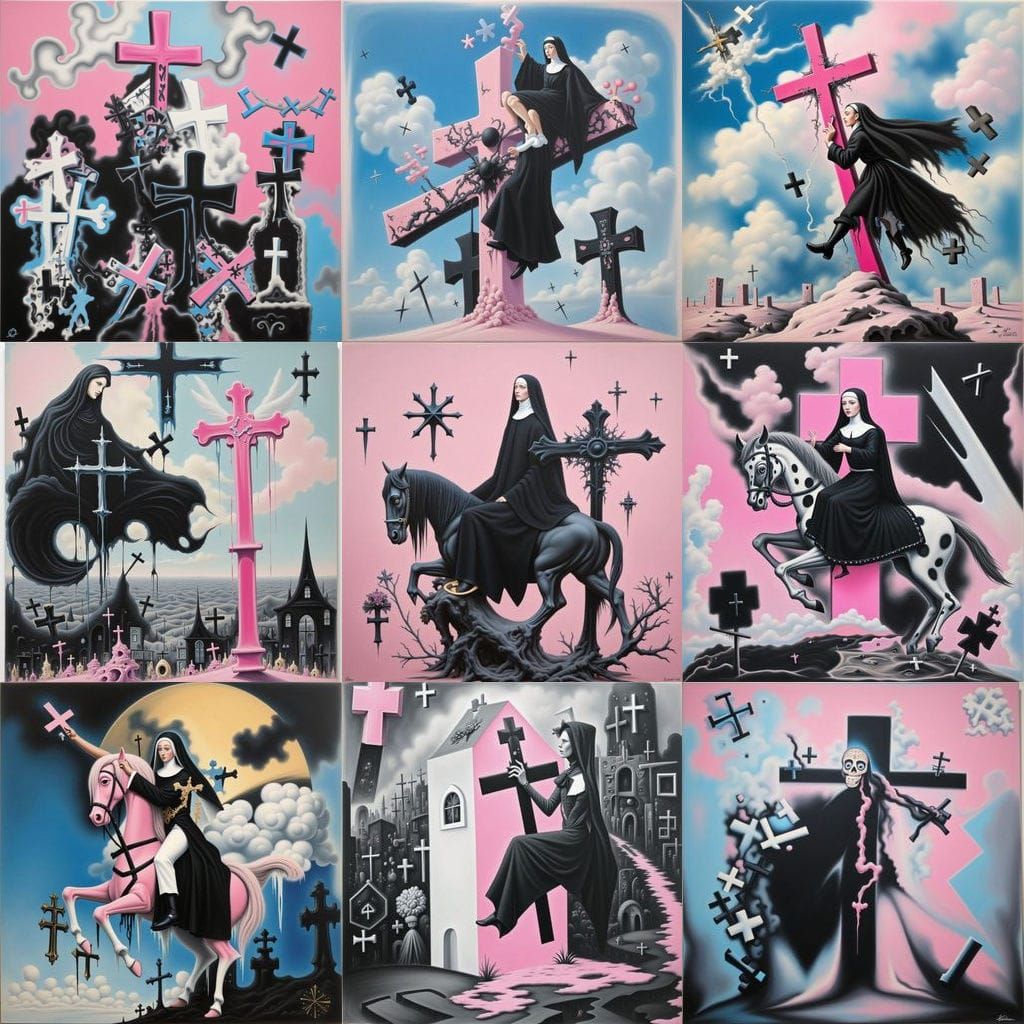 Surreal Nun Riding a Pink Cross