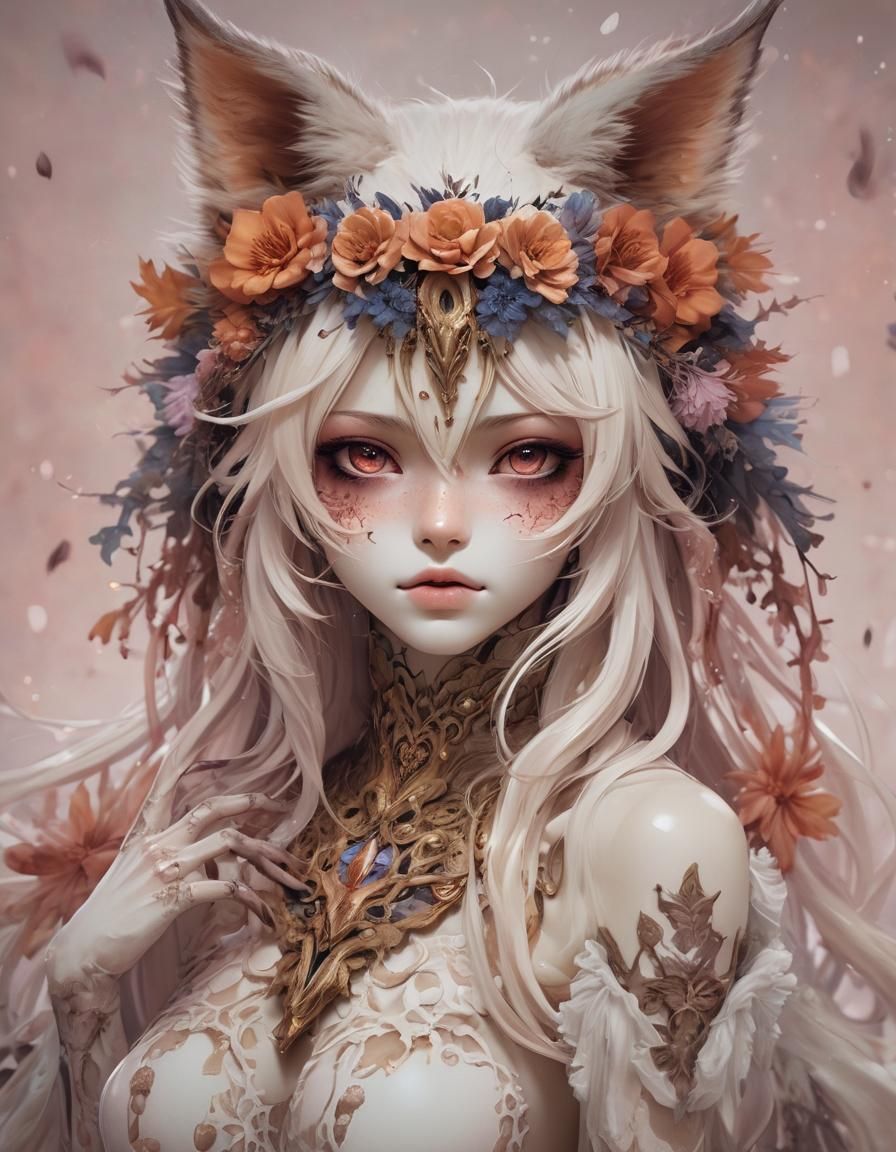 Zombie Fox-Girl with Floral Crown in Anime Style