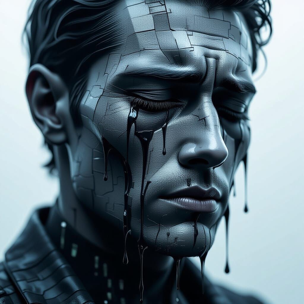 Android Weeping Molten Steel Tears in Hyperrealism Style