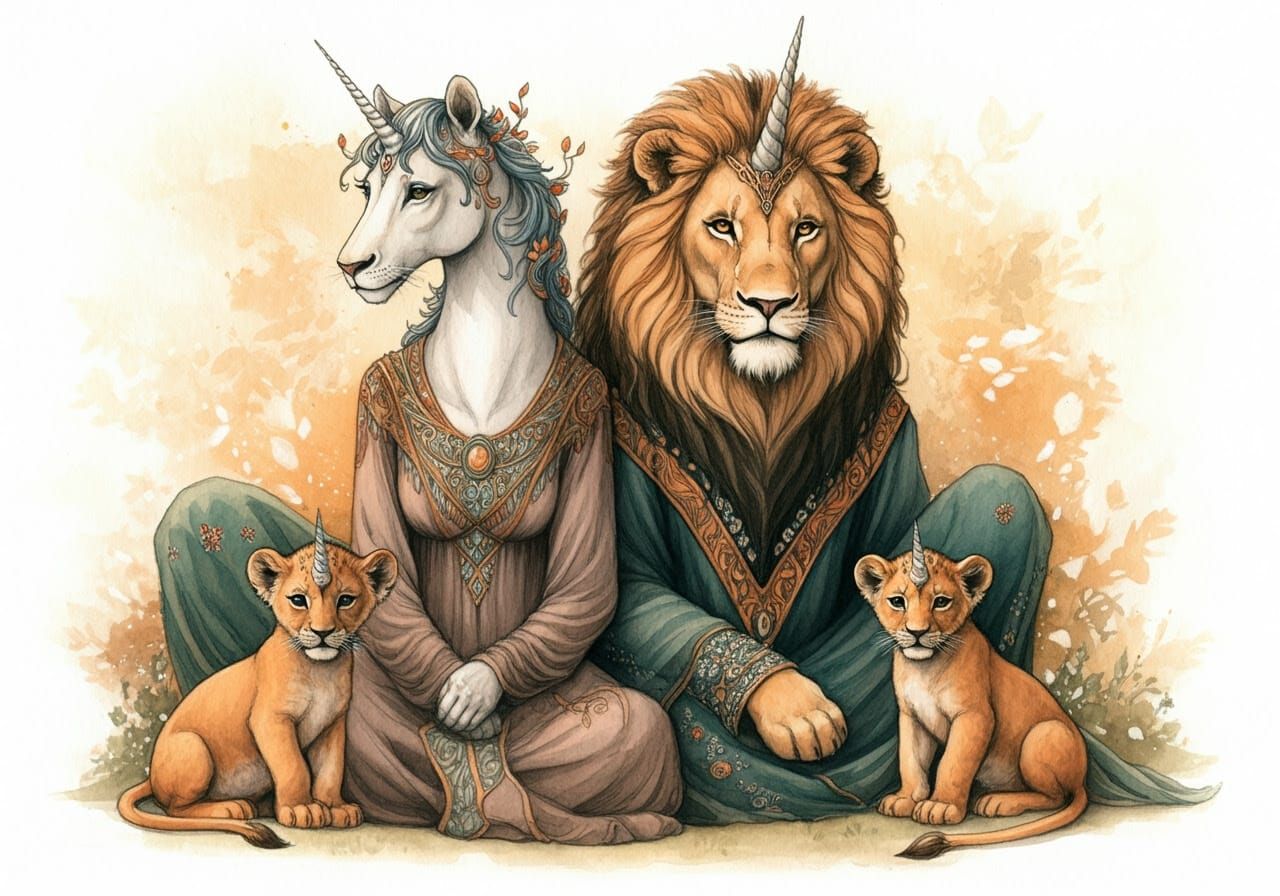 Mystical Lion and Unicorn Family in Whimsical Dreamlike Scen...