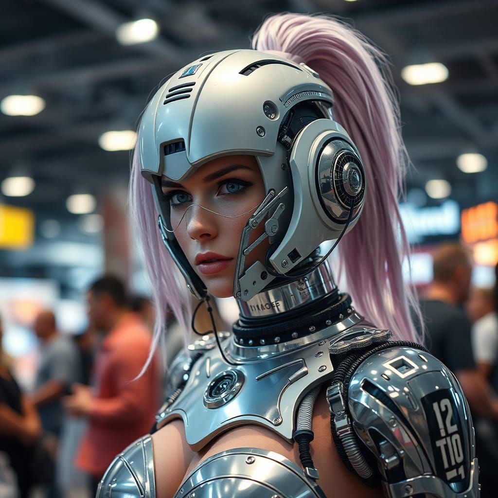 Cybernetic Woman in Steampunk Cosplay, Hyperrealistic Style