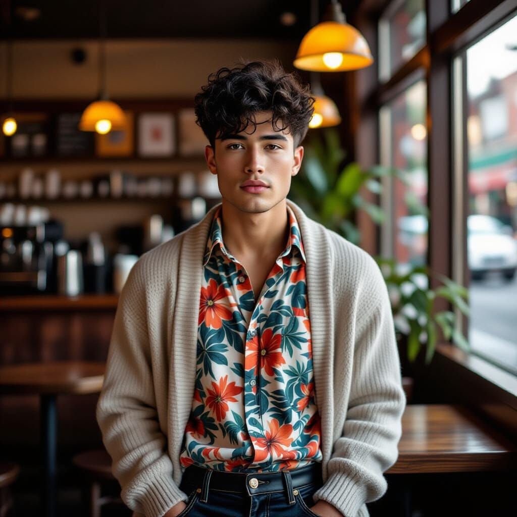 Grunge Aesthetic Man Poses in Cozy Cafe