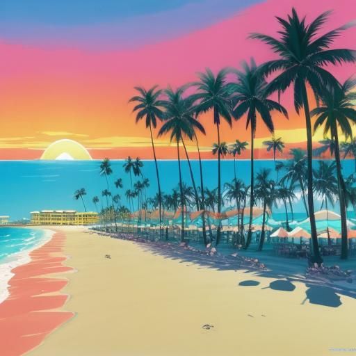 Tropical Beach Sunset in Cel-Shaded Style