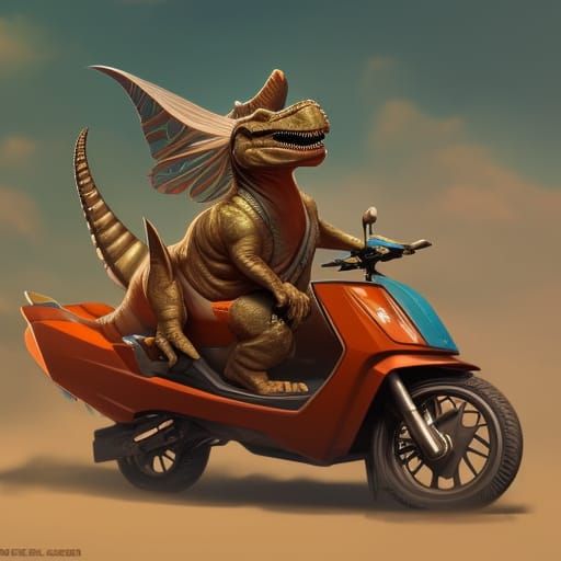 Dinosaur on Moped: Hyperdetailed Concept Art